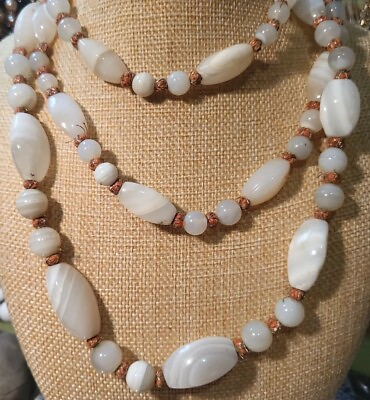 #ad Vintage Oriental White Agate Necklace 50quot; $121.99
