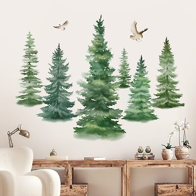 #ad 6 Watercolor Pine Tree Wall Decals Christmas Woodland Wall Stickers Nursery B... $29.86