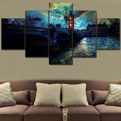 #ad Night In London City On River Thames Painting Framed 5 Piece Canvas Wall Art $189.00