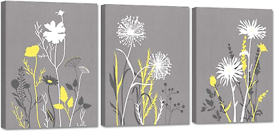 #ad 3 Pieces Yellow Grey Bathroom Wall Art Abstract Botanical Leaves Simple Life Art $52.00