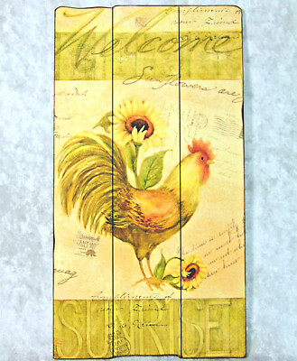 #ad WALL ART 24quot; Wood Slat Rooster Lemon Yellow Welcome Sunrise Kitchen Chicken $44.50