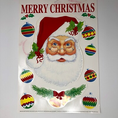 #ad Vintage Window Flocked Die Cut Christmas Wall Decorations Santa Wreath Candles $14.99