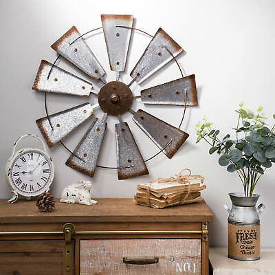 #ad Glitzhome 22quot; Farmhouse Metal Galvanized Windmill Spinner Rustic Home Wall Décor $36.82