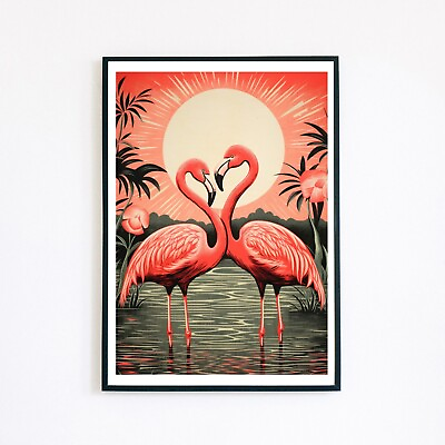 #ad Flamingo Birds Love Retro Illustration 7x5 Vintage Home Decor Wall Art Print GBP 3.95