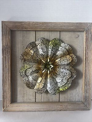 #ad Metal Flower Sculpture Wood Wall Hanging Farmhouse Decor Floral 13” Square $31.45