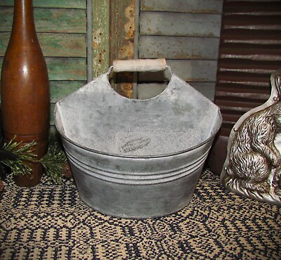 #ad Primitive Vtg Style Country Verdigris Wash Tub Flower Planter Tin Wooden Handle $17.90