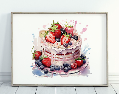 #ad Cake Wall Art Print Pink Berry Drip Cake Wall Decor Kitchen Decor Wall Art $9.99