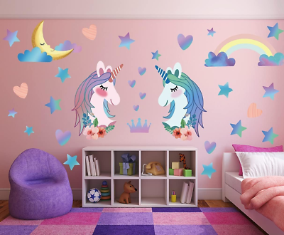 #ad Unicorn Wall Decal Stickers Large Size Unicorn Rainbow Wall Decor for Girls Kid $17.43