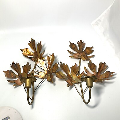 #ad 2 Maple Leaf Wall Decor Metal Bronze Copper Gold Tone Candle Holder Mid Century $24.99