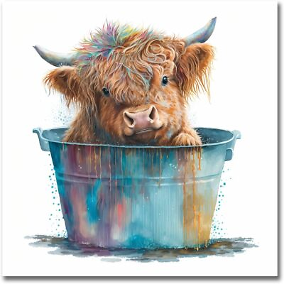 #ad Highland cattle Wall Decor Canvas Art Cartoon Prints watercolor style Pictures P $18.34