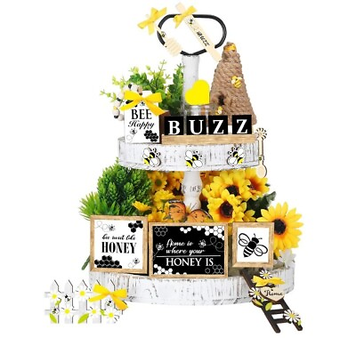 #ad 16 Pcs Bee Tiered Tray Decor Set Spring Summer Honey Bee Wooden Signs Rustic $21.99