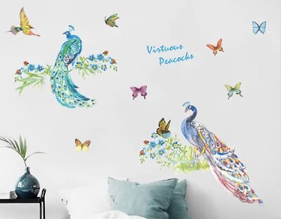 #ad NEW 64” x 45” Colorful Peacock amp; Peahen Wall Sticker Cabinet Decor Vinyl Decals $42.99