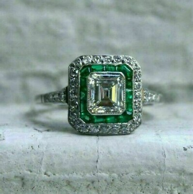 #ad Art Deco Style 3Ct Asscher Cut Lab Created Diamond Engagement 925 Silver Ring $114.00