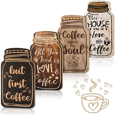 #ad 4 Pieces Wood Coffee Sign Decorative Rustic Wood Coffee Bar Sign Wall Hanging... $16.55