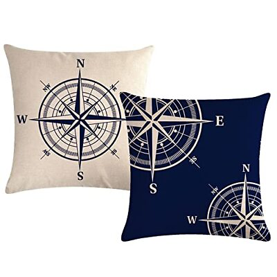 #ad Set of 2 Nautical Navy Blue Throw Pillow Covers Coastal Sailing Compass Cushi... $20.25