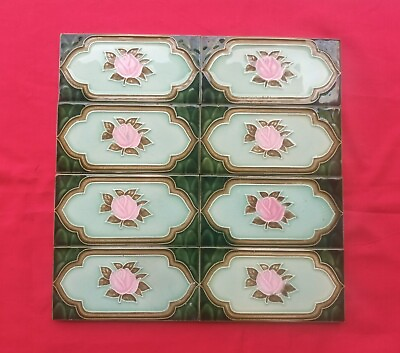 #ad 8 Piece Lot Old Art Deco Floral Design Majolica Ceramic Tiles Japan 0174 $160.00