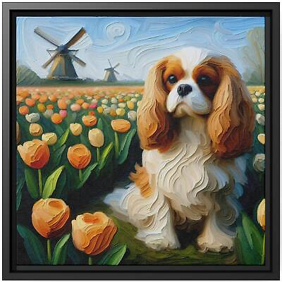 #ad Wall Art Decor Canvas Print Dog Cavalier King Charles Spaniel Tulips Windmill $188.77