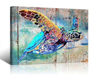 #ad Sea Turtle Bathroom Wall Decor Canvas Prints Life Teal Watercolor Painting Be... $55.30