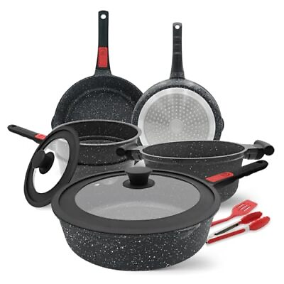 #ad Nonstick Pots and Pans Set 10 Pcs Granite Cookware Kitchen Sets 10 Pcs Black $143.90