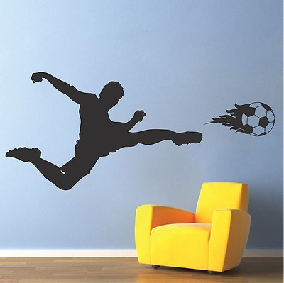 #ad Soccer Wall Decal Soccer Player Bedroom Wall Vinyl Kids Flaming Soccer Ball s07 $89.95