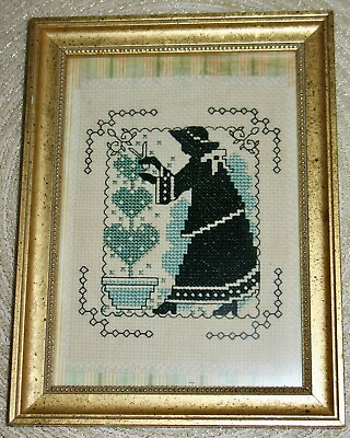 #ad Finished Cross Stitch SILHOUETTE LADY HEART TOPIARY Framed 6quot; x 8quot; $19.99