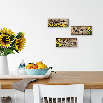 #ad 3 Pieces Sunflower Wall Decor Grateful Thankful Blessed Wall Art Signs Wooden Ha $10.48