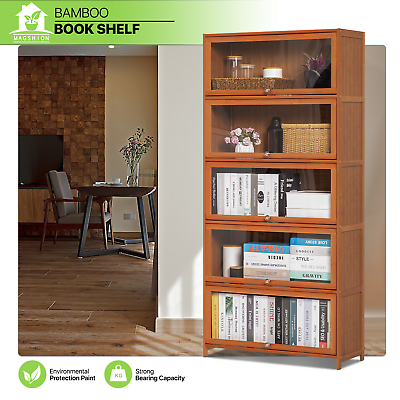 #ad 32quot; Bamboo Flip Up ACRYLIC DOORS 5 Tier Book Storage Cabinet Home Display Case $127.99