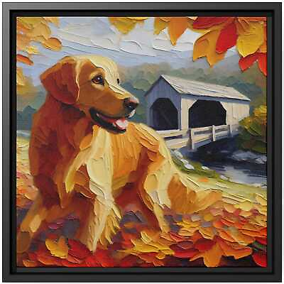 #ad Wall Art Decor Canvas Print Oil Painting Dog Flat Coated Retriever Autumn Leaves $48.45
