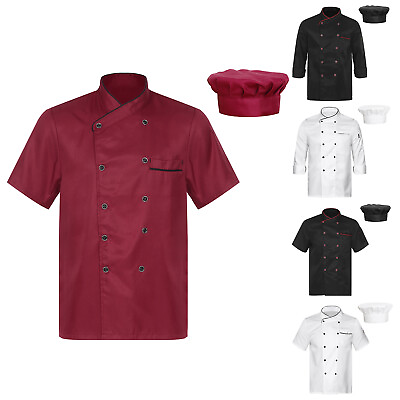 #ad Unisex Adults Chef Coat Jacket with Hat Outfit Button Shirt Kitchen Work Uniform $7.90