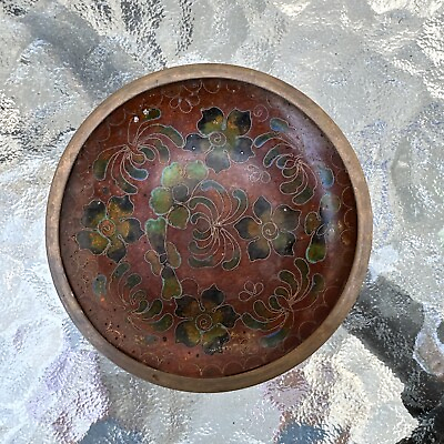 #ad Vintage Old Cloisonne Copper Brass Enamel Floral Trinket Plate Small 3.75quot; Mini $10.00