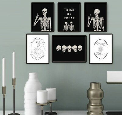 #ad Halloween Trick Treat Skeleton Black White Wall Decor Set of 6 Prints 8.5x11 $19.00