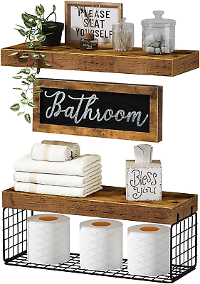 #ad Rustic Brown Bathroom Wall Shelf Set Farmhouse Decor 2 Shelves Over Toilet $48.98