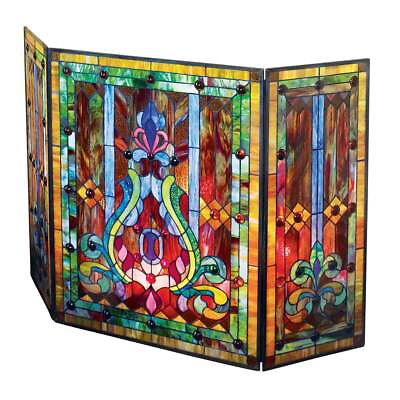 #ad Tiffany Style Stained Glass Fleur de Lis Fireplace Screen 44quot;W x 28quot;H $273.99