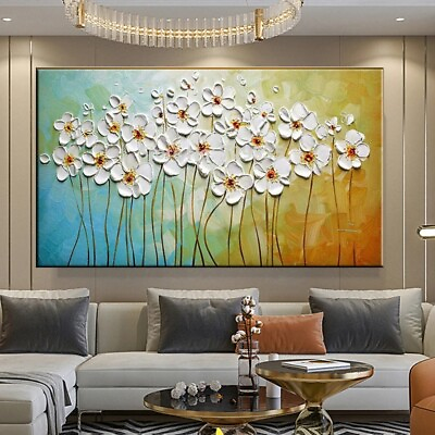 #ad Abstract Flower Wall Art Picture White Floral Large Artwork Hand Painted Oil $99.00