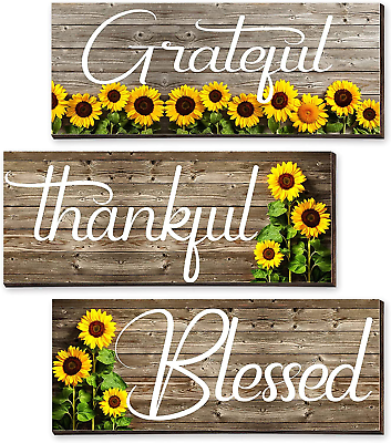 #ad 3 Pcs Sunflower Wall Decor Grateful Thankful Blessed Wall Art Signs Wooden Hangi $11.83