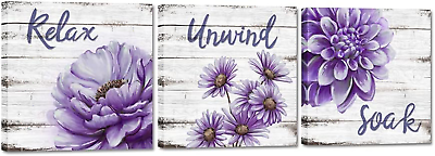 #ad 3 Pieces Purple Bathroom Picture Wall Decor Rustic Lavender Dasiy Flowers Relax $31.99
