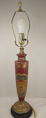 #ad Vintage Oriental Accent Black RED Porcelain Table Lamp Floral Chinoiserie USED $63.75