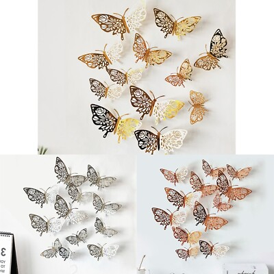 #ad 12 Gold Silver Rose Gold Butterfly Wall Stickers 3D Decal Room Decorations Decor $7.19
