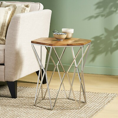 #ad Bellion Rustic Glam Handcrafted Mango Wood Side Table Walnut and Polished Nicke $64.84