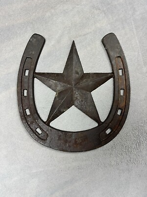 #ad Vintage Rustic Cast Iron Cowboy Horseshoe W Western Star Wall Decor Plaque 10” $29.00
