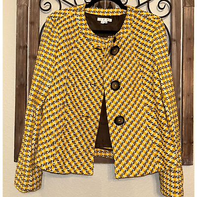 #ad I.C.E. Yellow Vintage Houndstooth 1950#x27;s Style Blazer L 💸BOGO⭐ $44.99