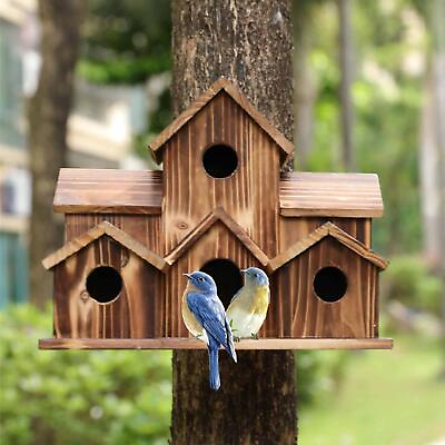#ad Outside Wooden Bird Houses Hanging 6 Hole Handmade Natural House Bird HOT $17.85