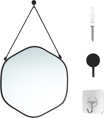 #ad Black Hanging Hexagon Mirror for Wall Decor 15.4 X 16 Inch Black Geometric Deco $44.20