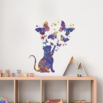 #ad Super Cute Cat and Butterfly Wall Decals Kitten Wall Sticker Kitty Animal Wal... $20.22