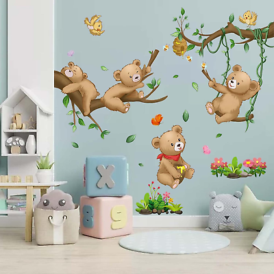 #ad Woodland Bear Wall Stickers Baby Animal Tree Branch Wall Decals Nursery Kids $19.88