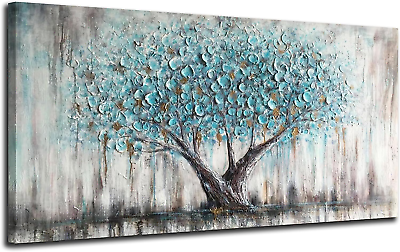 #ad Tree Wall Art Teal Blue Nature Tree of Life Abstract Canvas Painting Textured $77.52