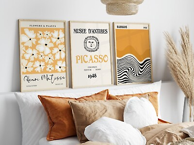 #ad Set of 3 Exhibition Posters Orange Wall Art Bauhaus Picasso Matisse Gallery Wall GBP 10.99