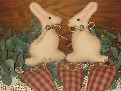 #ad Primitive Decor 2 Rabbits 3 Hearts Bowl Fillers Handmade Gift Easter Rusty Bells $28.95