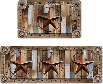 #ad Farmhouse Wood Kitchen Rugs Mats Set of 2 Rustic Texas Star Anti Fatigue Cushion $40.52