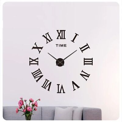 #ad #ad 3D Wall Clock Roman Numerals Black Sticker Clock DIY Home Decor Open Face Silent $15.19